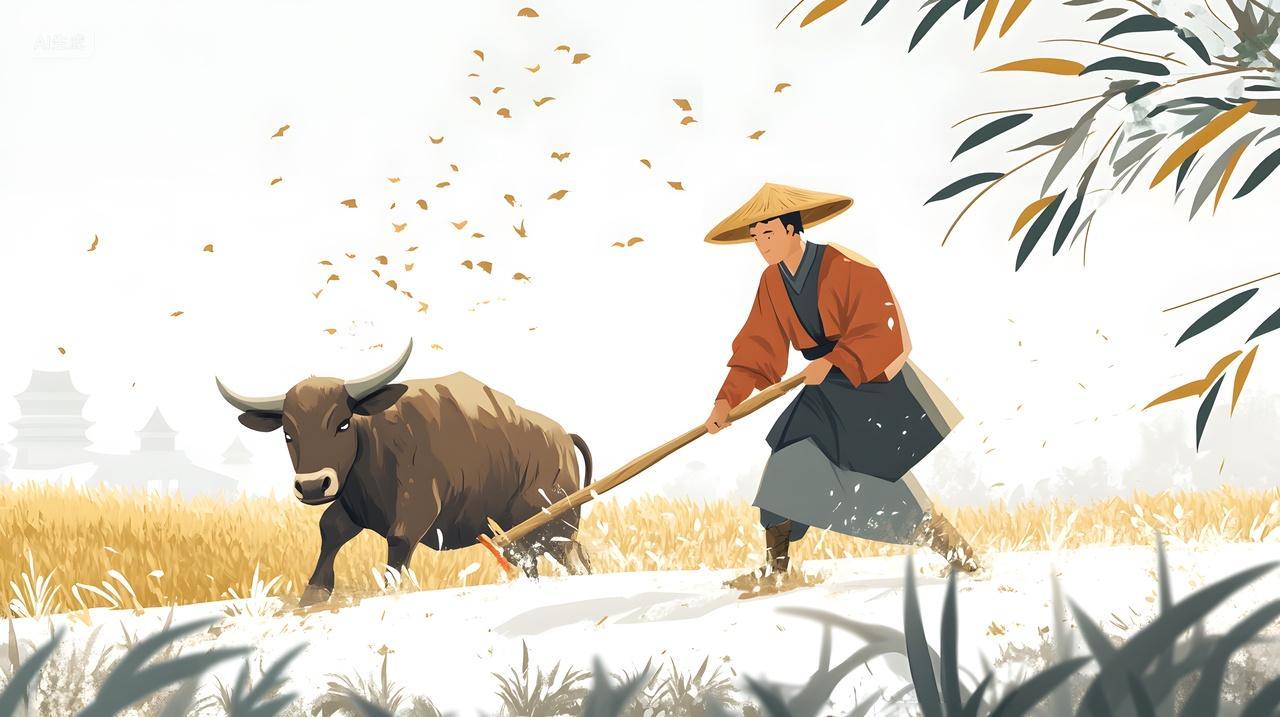 水墨风农民牵牛耕作田园插画艺术作品