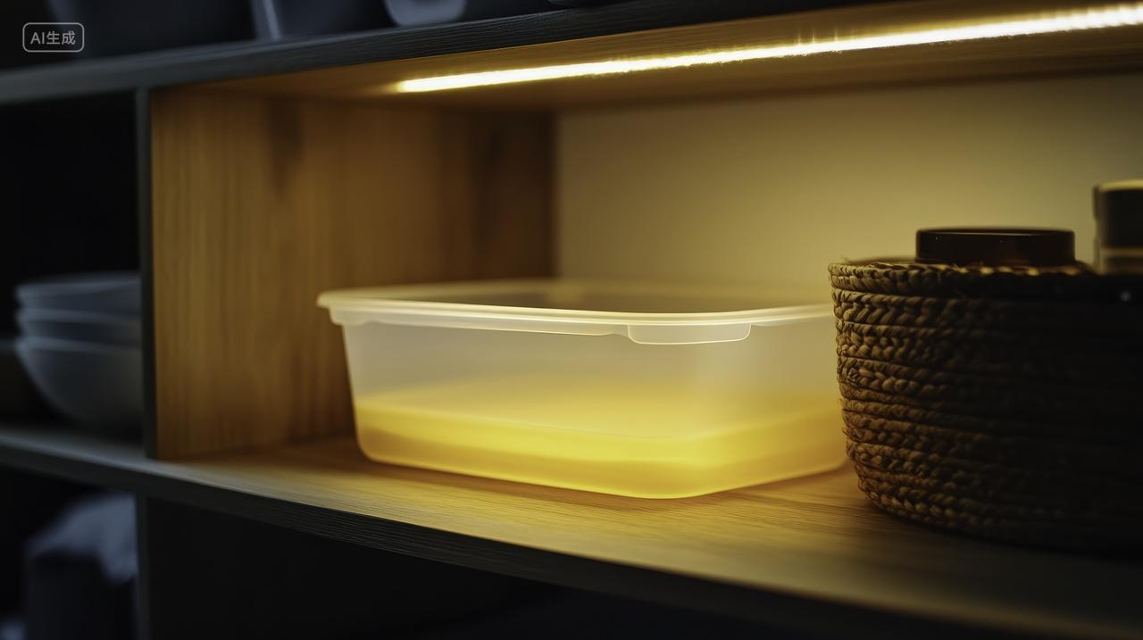 橱柜内的塑料储物箱和篮子