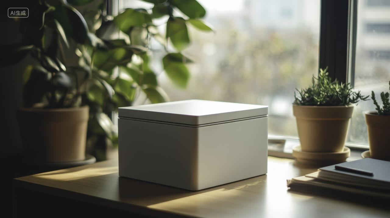 窗边的简约白色储物盒与绿植