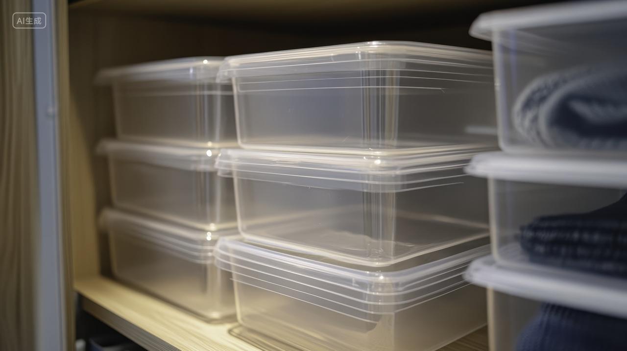 塑料储物盒排列在货架上