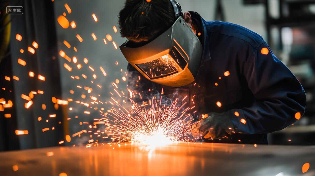 金属焊接的瞬间火花工人工匠工业制造钢铁