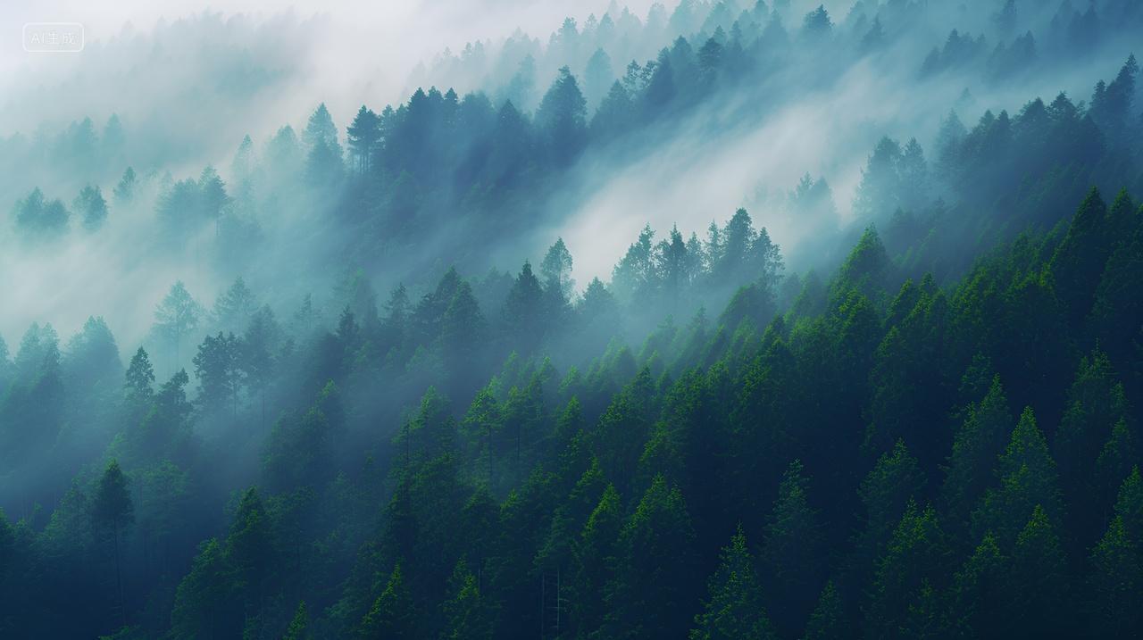 云雾缭绕的山林原始森林树林清晨雾气壁纸