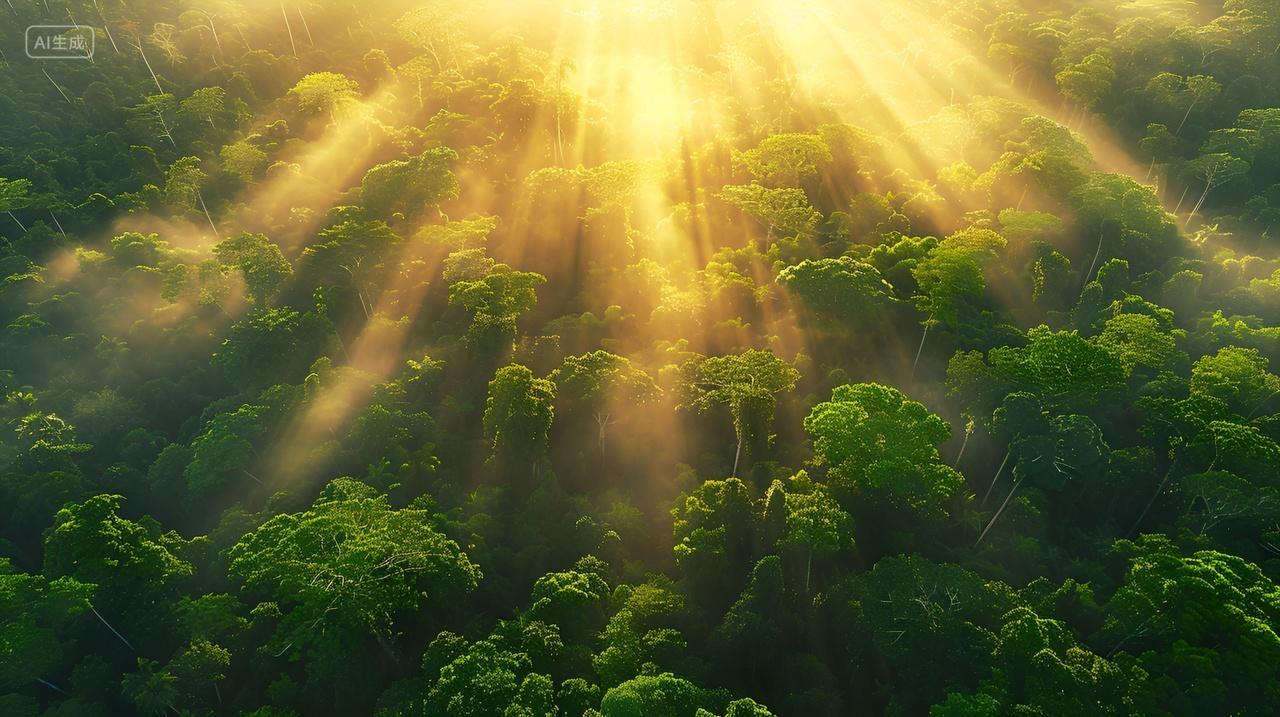 晨曦阳光穿透雨林清晨云雾太阳丁达尔光束