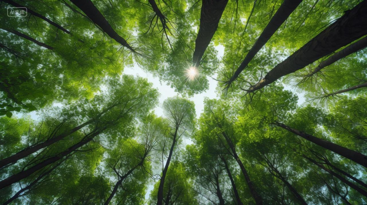 仰拍森林树干树木绿色树林向上生长天空希望