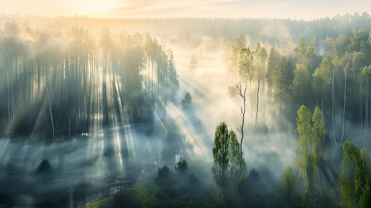 森林早晨阳光晨雾晨曦树林树木丁达尔效应大自然美景