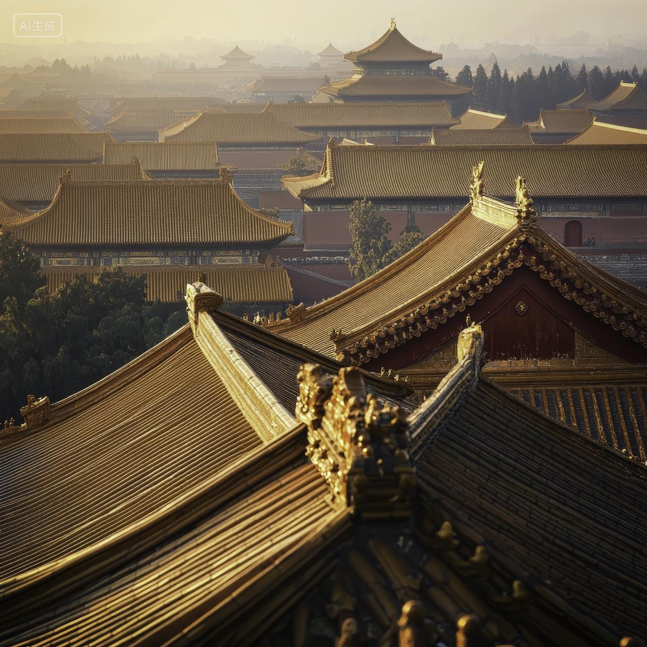 紫禁城屋顶在晨光中闪耀