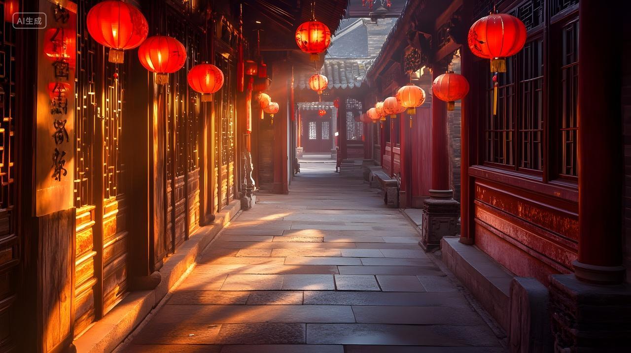 阳光下中式走廊与红灯笼节日风景图