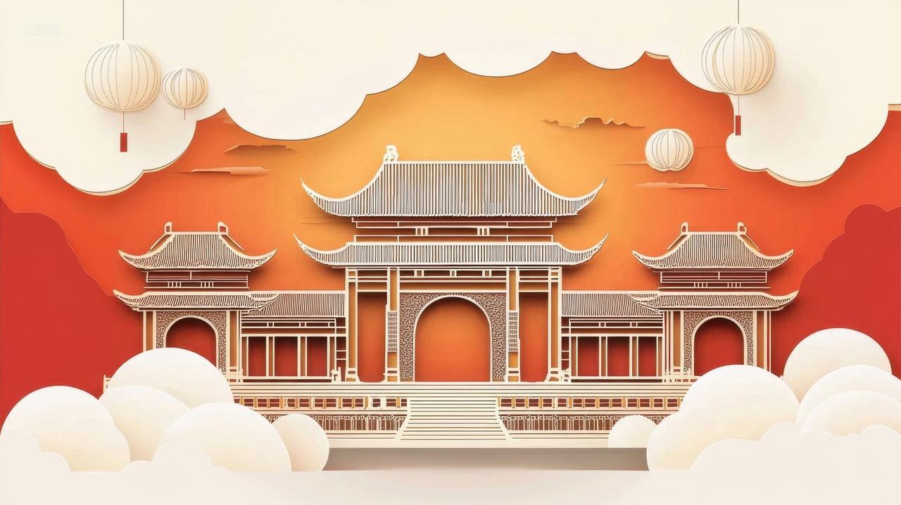 喜庆氛围中国风传统建筑剪纸画