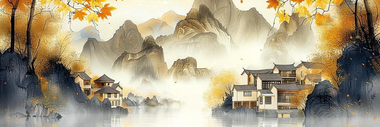 橘黄色云雾背景秋日里的湖光山色插画