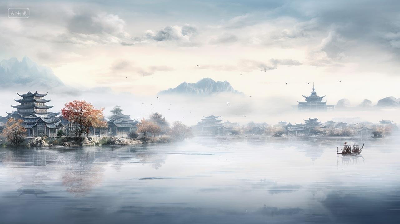 明清江南小船划过清澈湖面山间烟雾缭绕插画