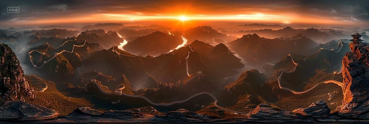 夕阳下的万里长城蜿蜒在崇山峻岭间