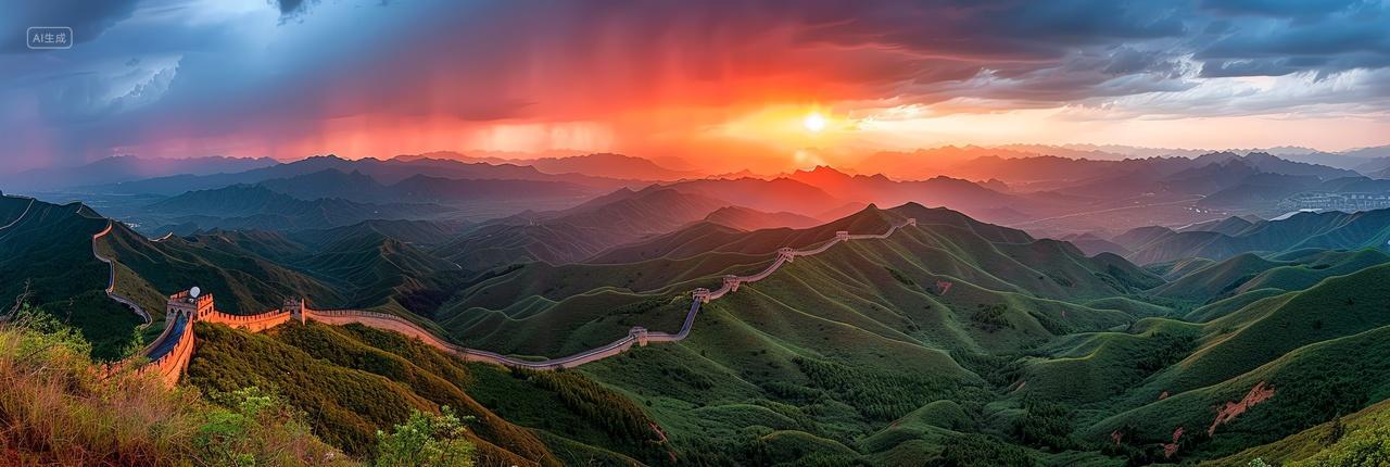 夕阳下的万里长城蜿蜒在崇山峻岭间