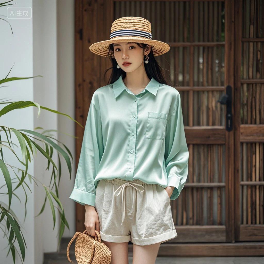 2024流行薄荷曼波绿色系模特穿搭职场女性时尚通勤