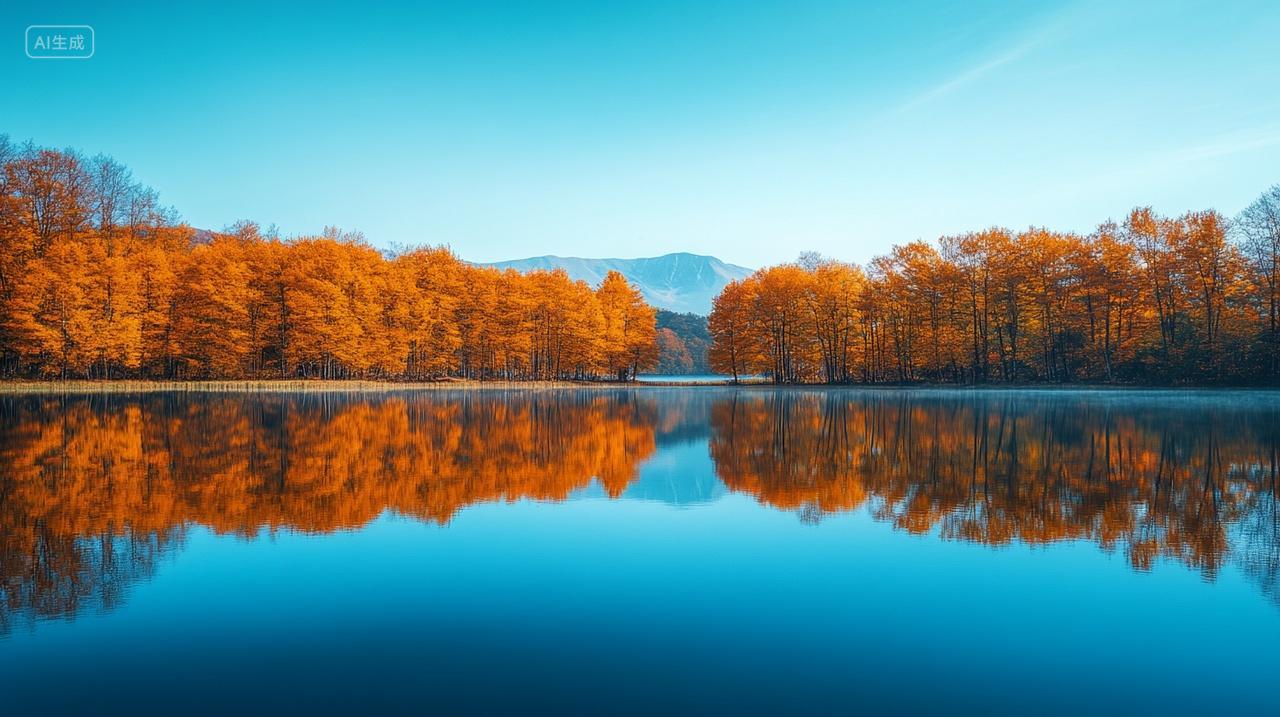 秋季枫叶树林清澈湖泊蓝色天空秋分立秋秋天宁静插画