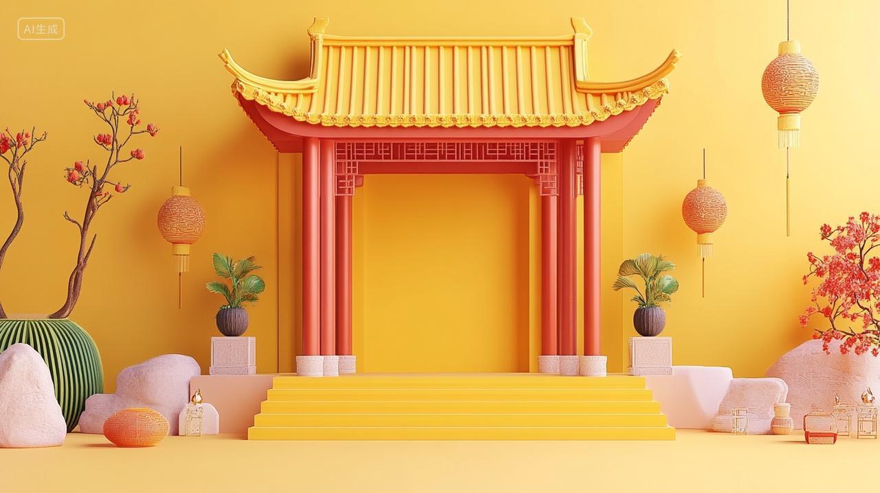 中秋节展台黄色调故宫清新背景国庆元旦素材插画