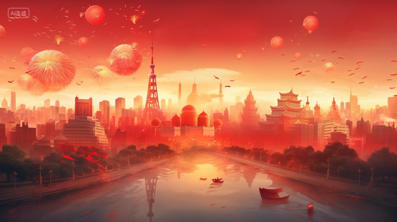 国庆节现代建筑河流气球烟花喜悦渐变插画