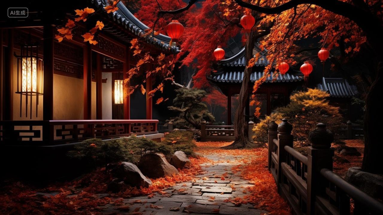 秋季夜里中式屋檐下的灯光照亮橙红枫叶缓缓落下插画