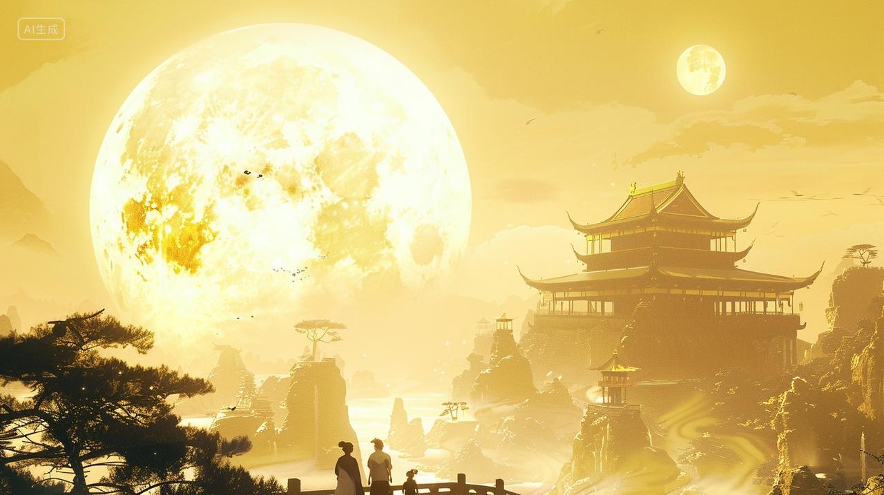 中秋节金色月亮发光星星家人赏月温馨浪漫古风国风素材插画