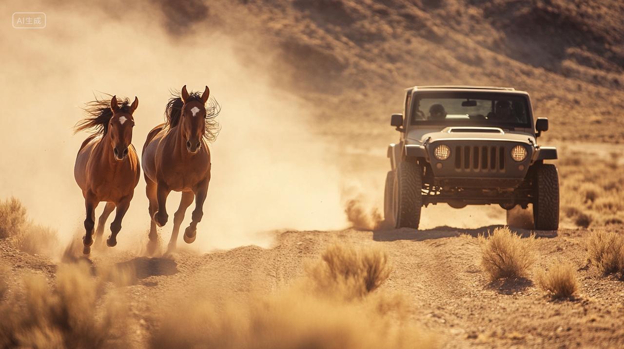 沙漠里飞驰的越野和奔跑的俊马风景壁纸