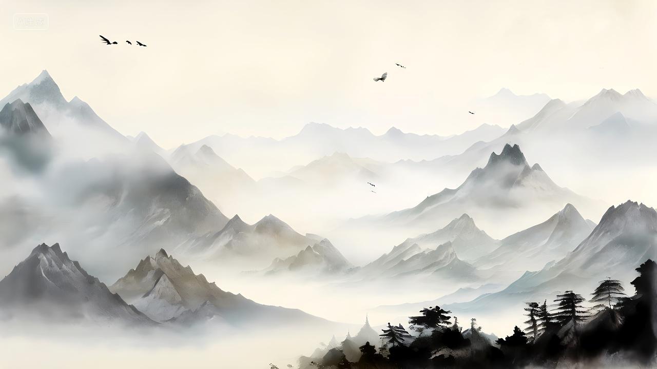 山水风景画高山山峰水墨画