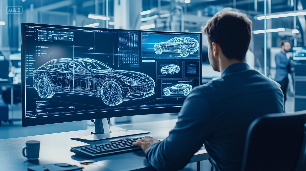 工程师坐在办公室使用电脑设计汽车模型