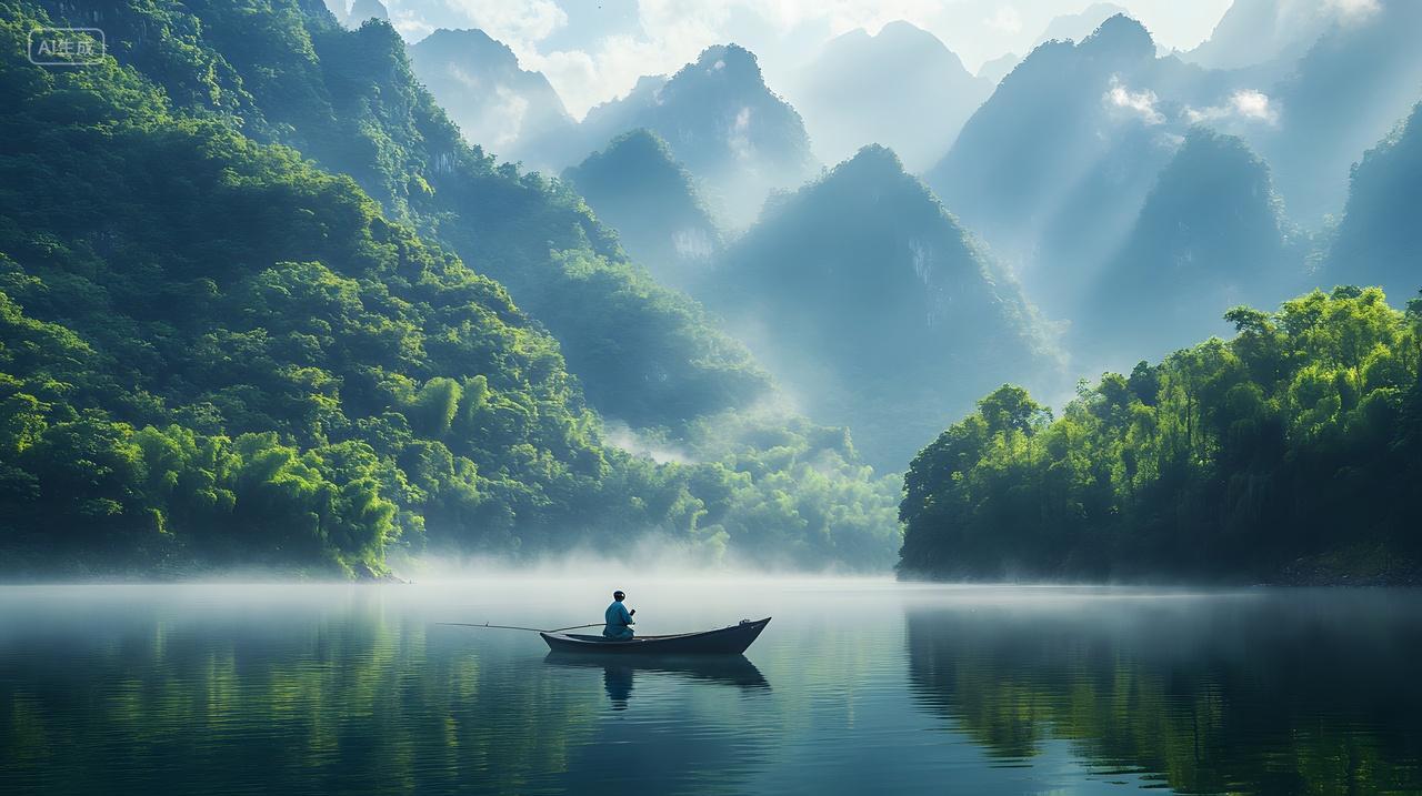 宁静湖泊中的小船与翠绿山峦自然风景