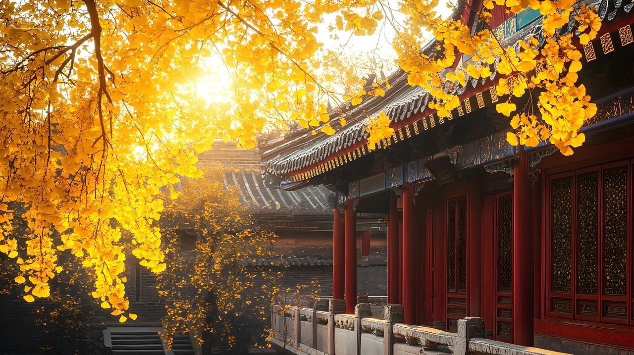 秋日阳光下的中式古建筑