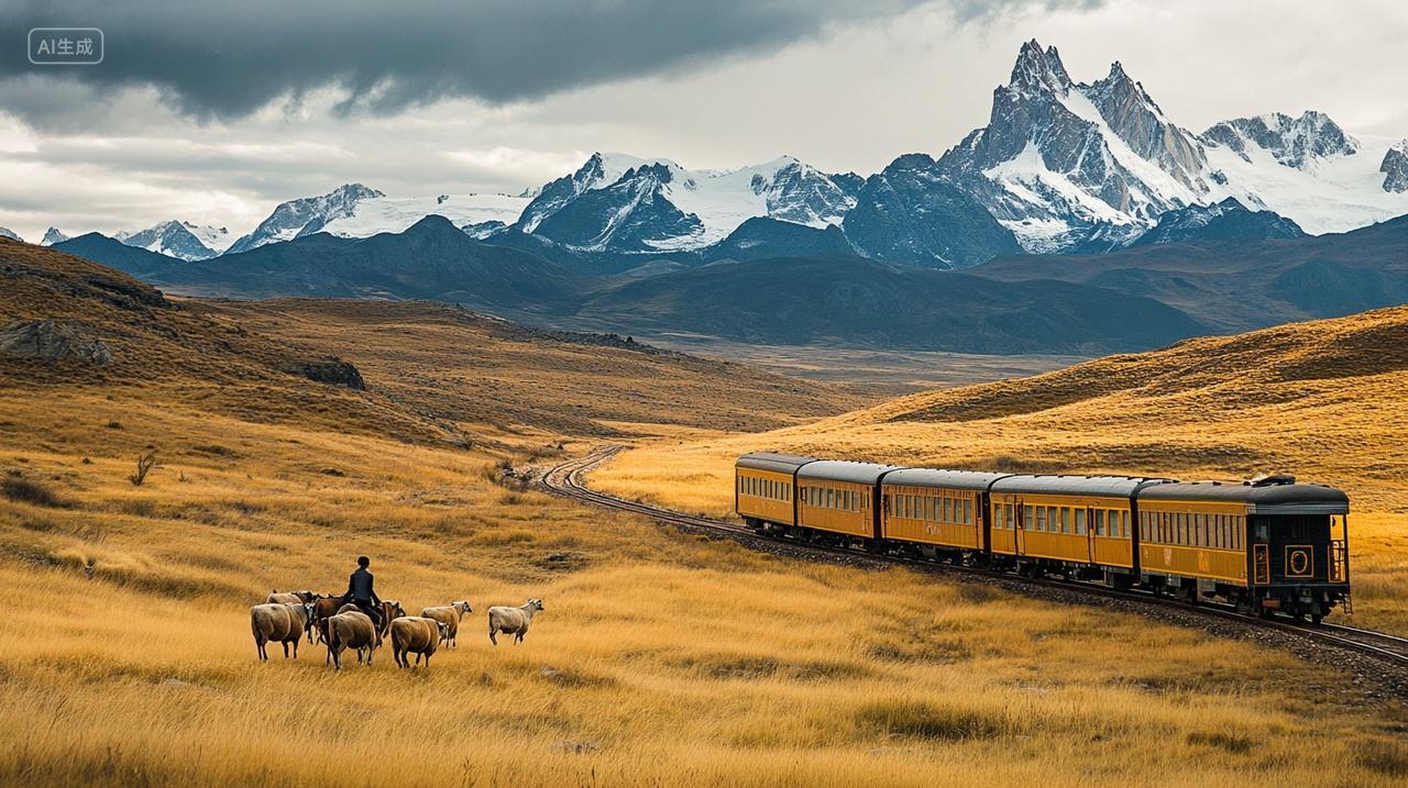 秋季火车穿越草地雪山顶草原牛羊成群立秋秋天秋分宁静素材插画