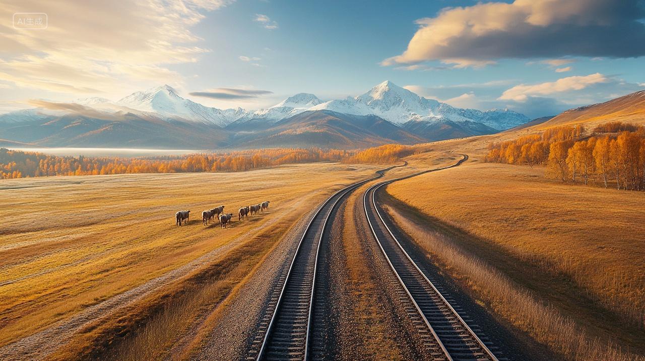 秋季火车穿越草地雪山顶草原牛羊成群立秋秋天秋分宁静素材插画