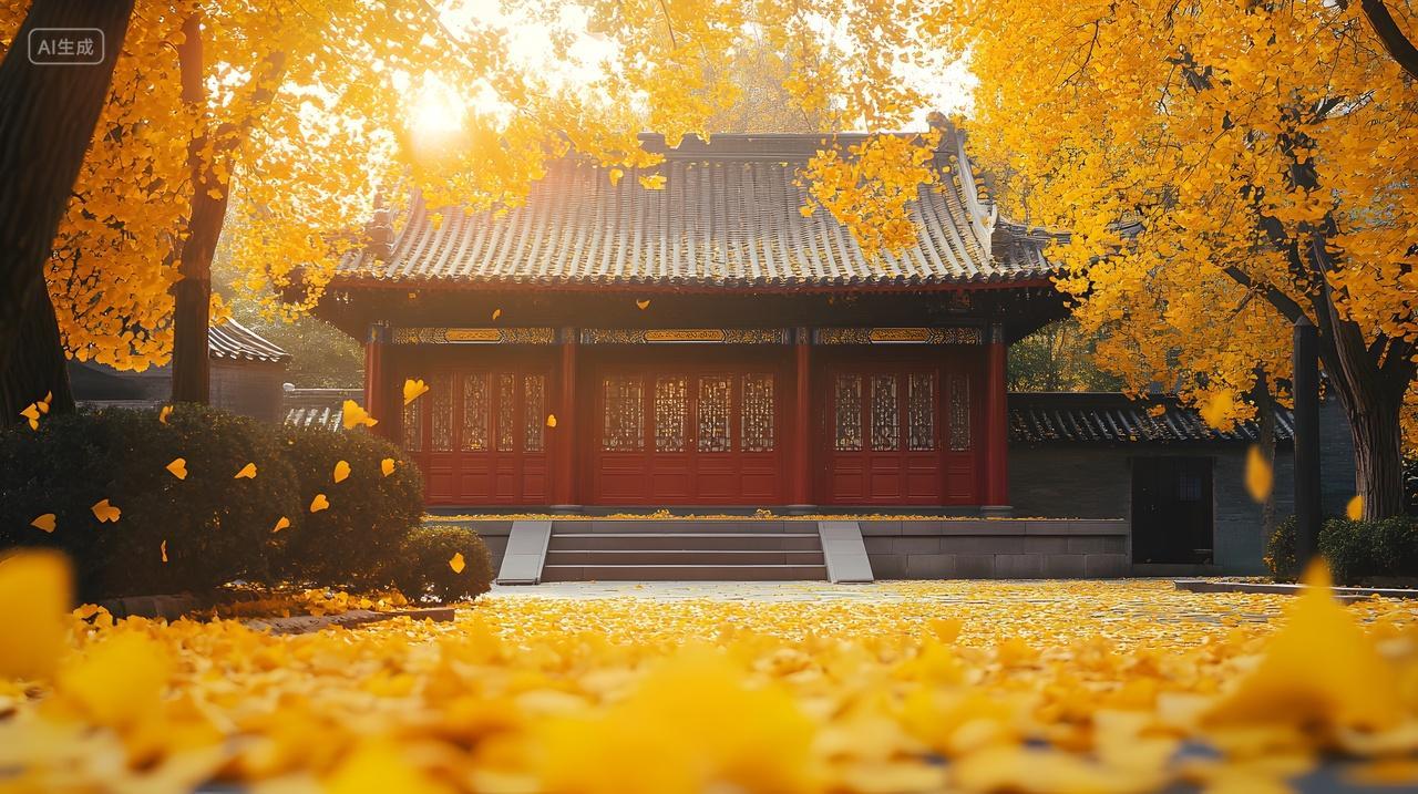 秋日中式建筑与落叶景观