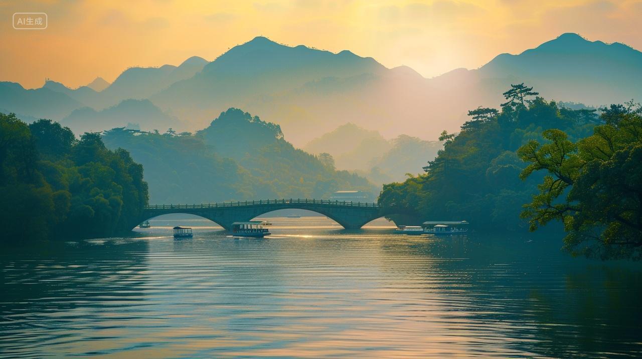 西湖拱桥黄昏湖水阳光蔚蓝天空宁静湖面远山立秋秋季秋天清晨背景