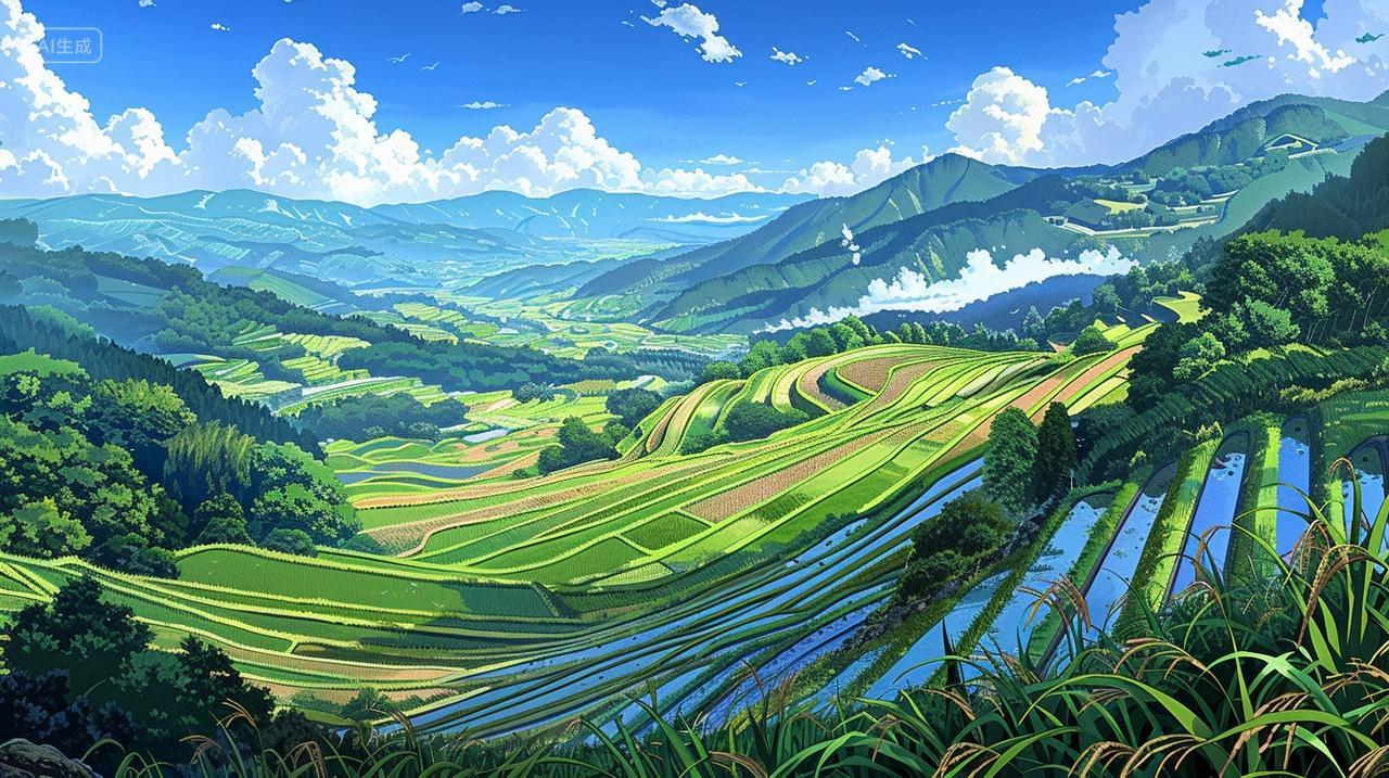 秋季稻田晴朗天空白云飘浮绿山环绕远山背景立秋秋天秋分素材插画