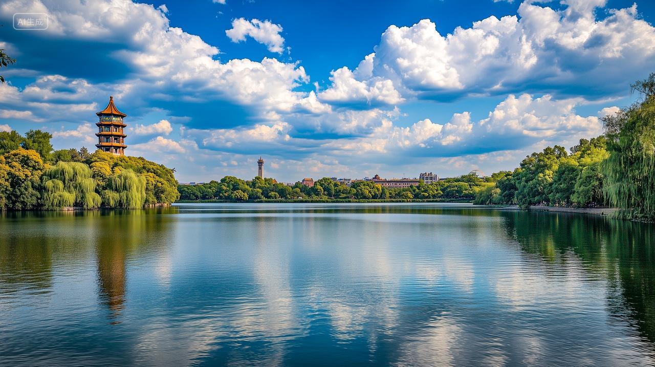 北京大学未名湖蓝天白云北京