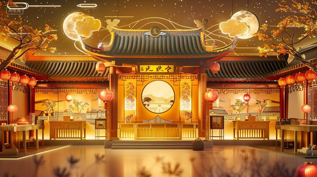 中秋节金碧辉煌古风建筑月亮温馨浪漫团圆素材插画