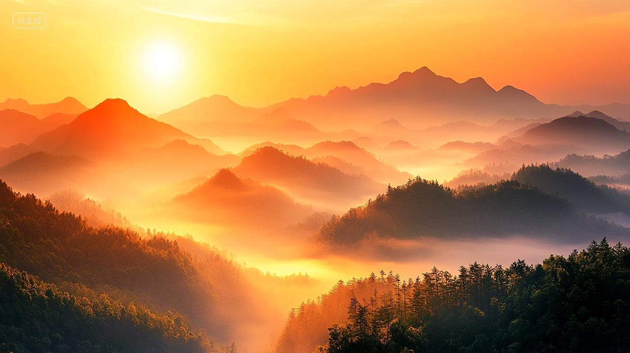 秋季山脉红日森林广阔绚烂云雾缭绕自然背景