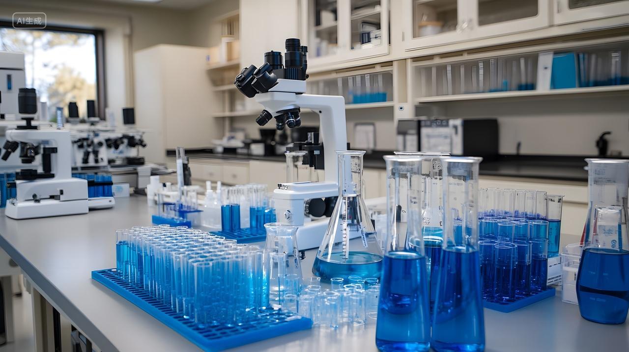 实验室显微镜和蓝色液体试管科学研究化学实验