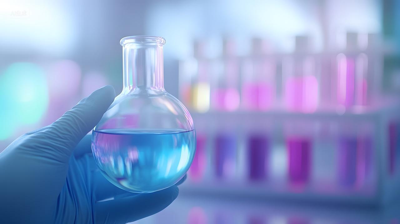 实验室手持蓝色液体的实验瓶