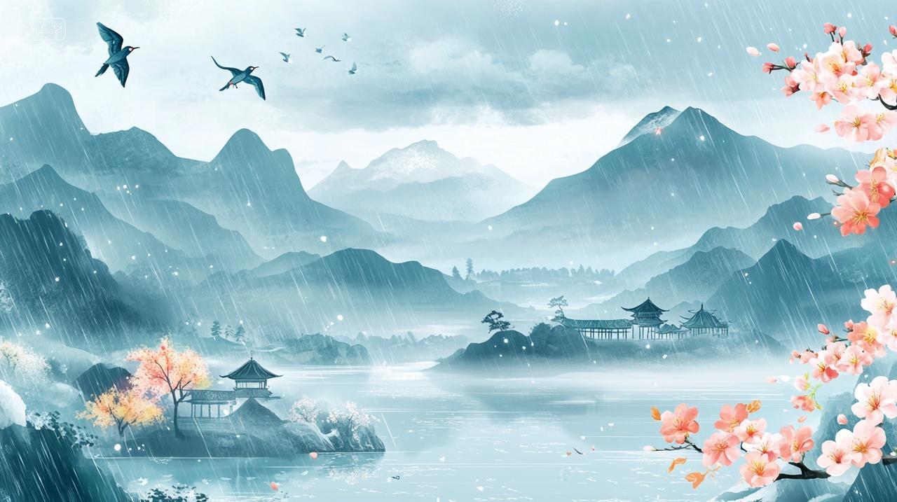 秋季大雨飞燕远山河流小屋盛开的花朵立秋秋分秋天素材插画