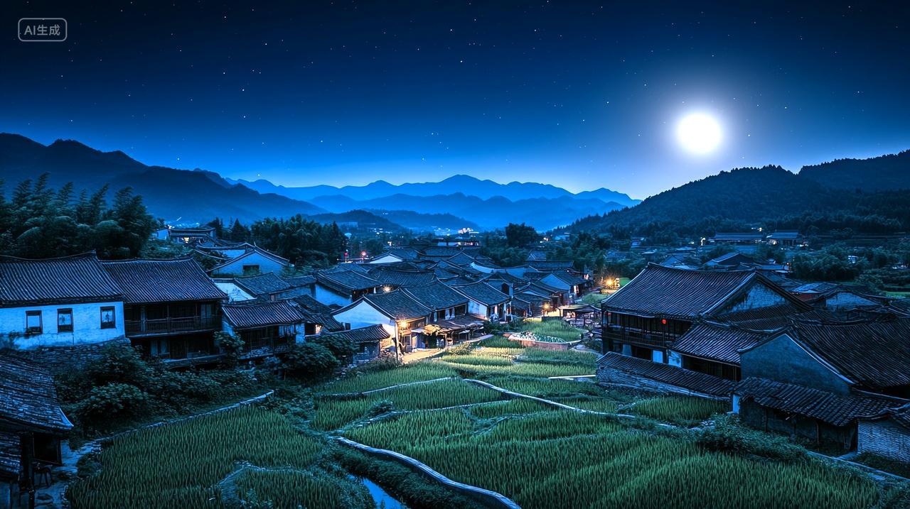 月色下的青瓦白墙乡村田园风景