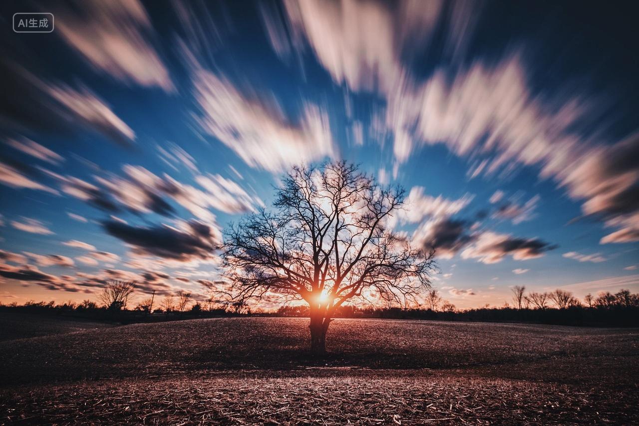 夕阳落日树虚实风景图