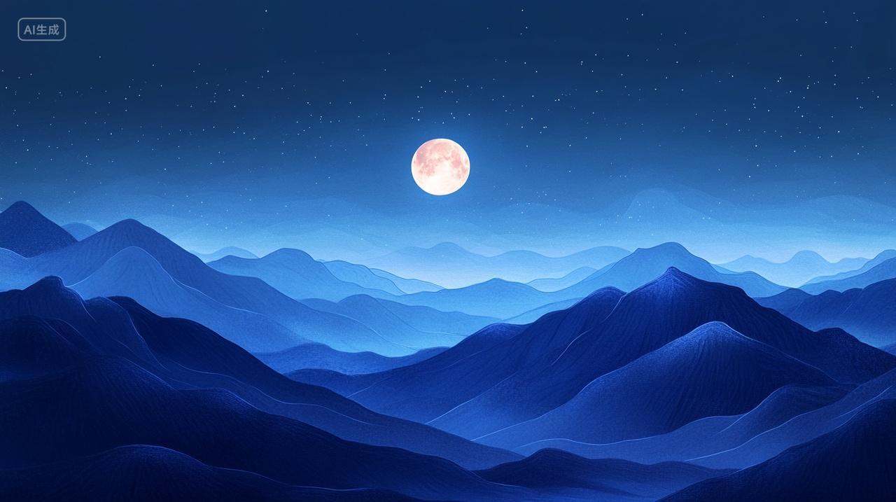 中秋节明月升起山景起伏深蓝水墨山水立秋秋季秋分渐变素材插画