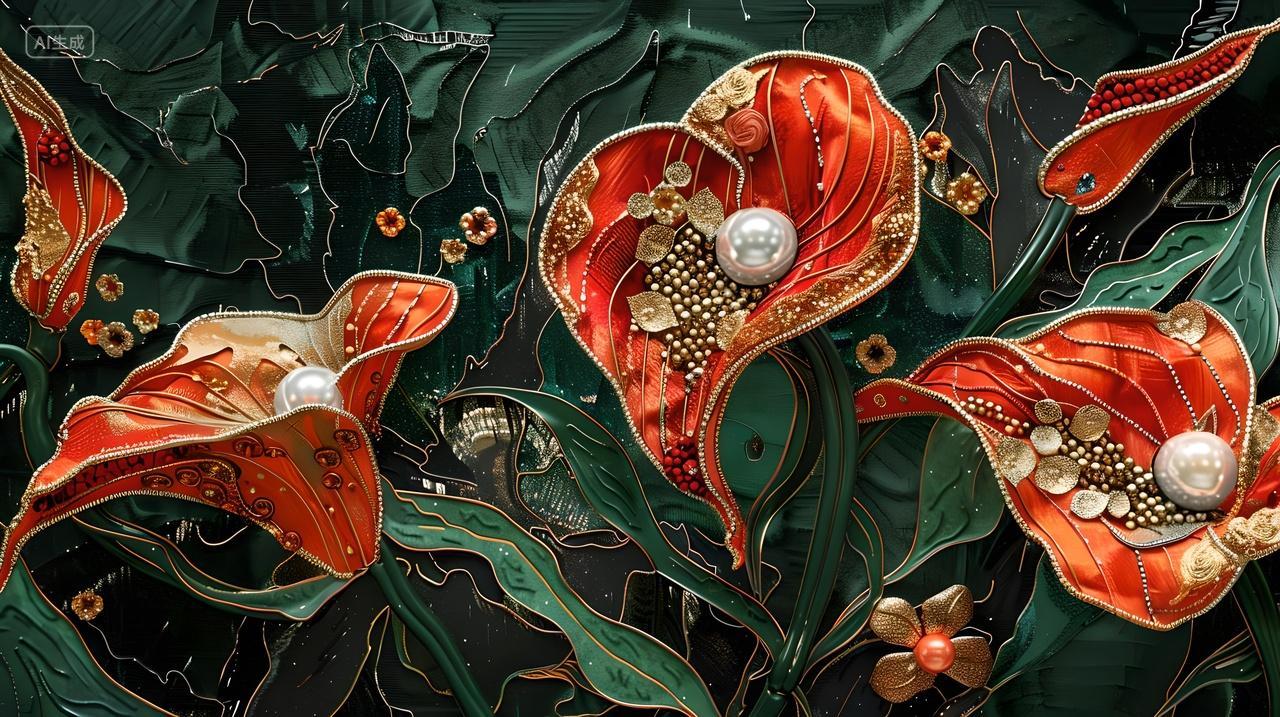 一幅水绒绣花珍珠红掌面料图电脑壁纸商用珍珠真丝布料刺绣