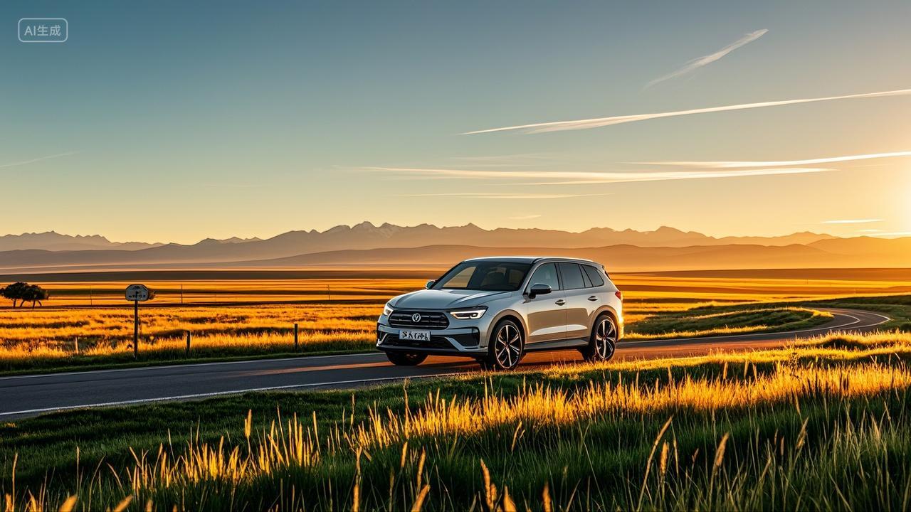 行驶在草原公路上的汽车风景壁纸宣传