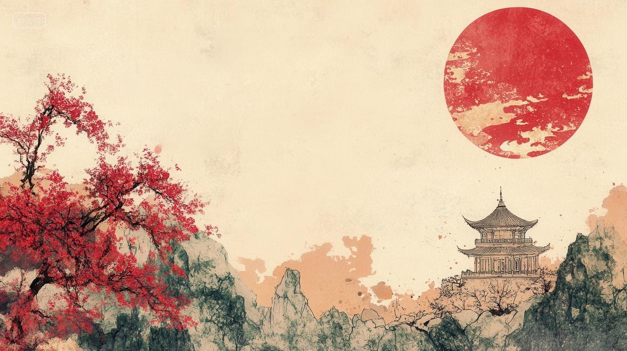 红日映照下的东方古建筑