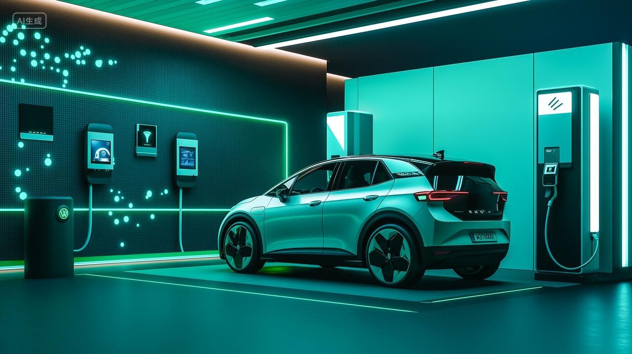 停在停车场充电桩旁的智能新能源电动汽车