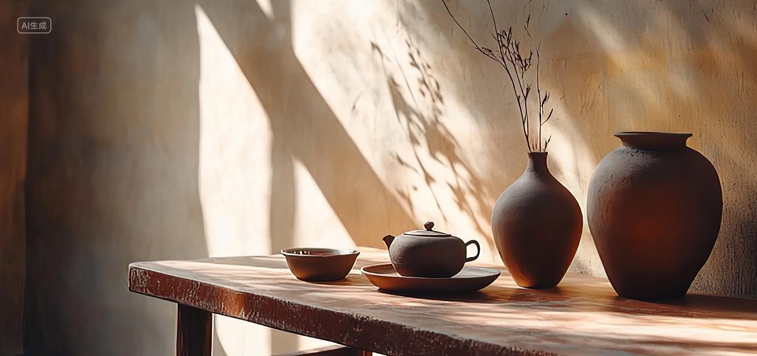 阳光透过窗户照在几个陶瓷罐子上的光影背景