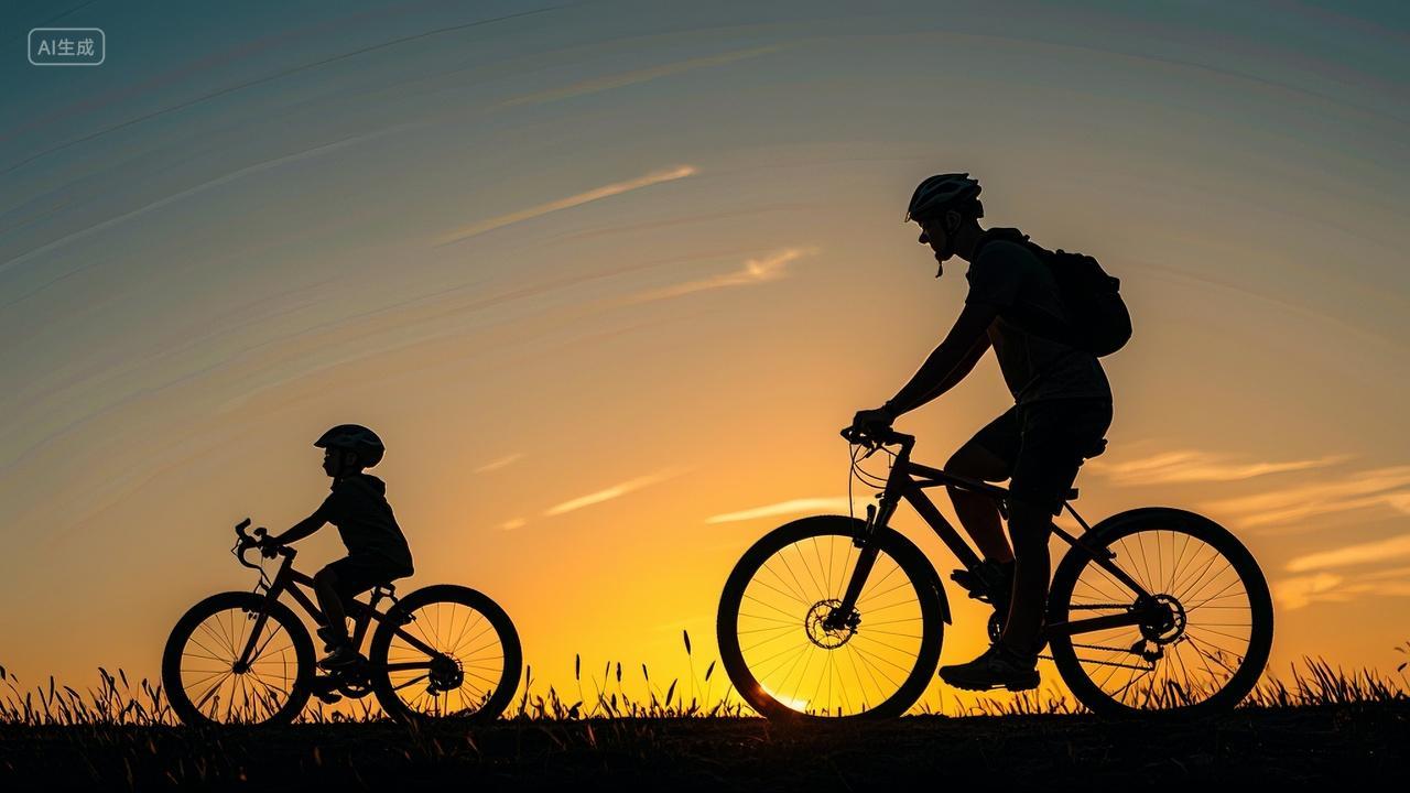 父子傍晚户外骑自行车父亲节剪影