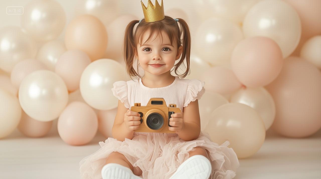 人像正面拍摄一位开心可爱小女孩过生日坐在地上手拿相机