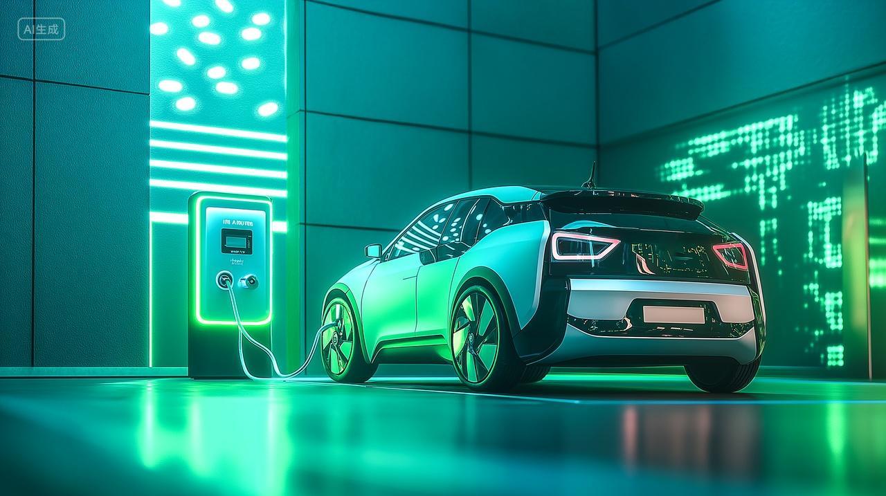 停在停车场充电的智能新能源电动汽车