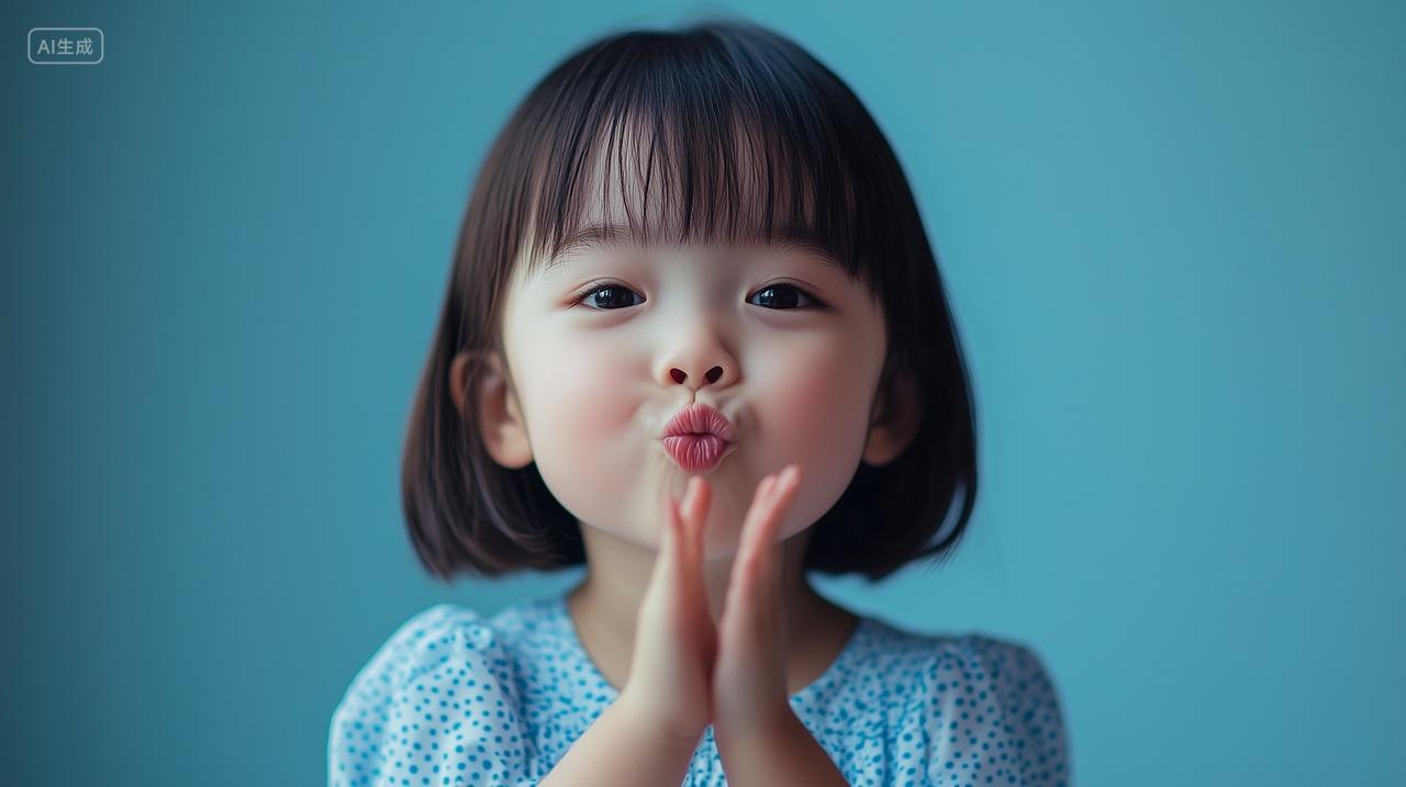 人像深蓝色背景正面拍摄一位可爱小女孩拍手嘟嘴